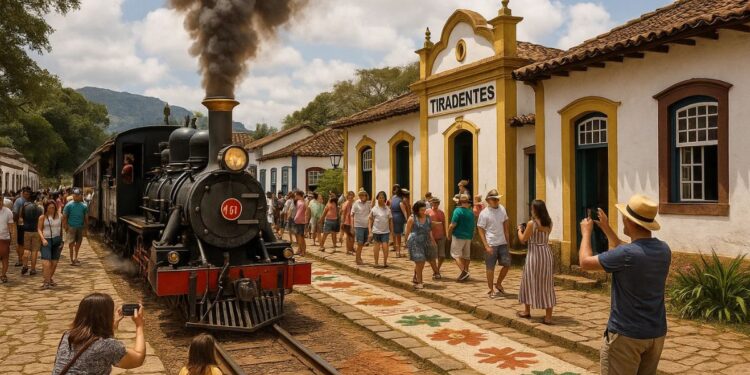 Uma Maria Fumaça em cima de trilhos na Cidade do interior de MG, ao redor as pessoas comemoram o feriado de Corpus Christi