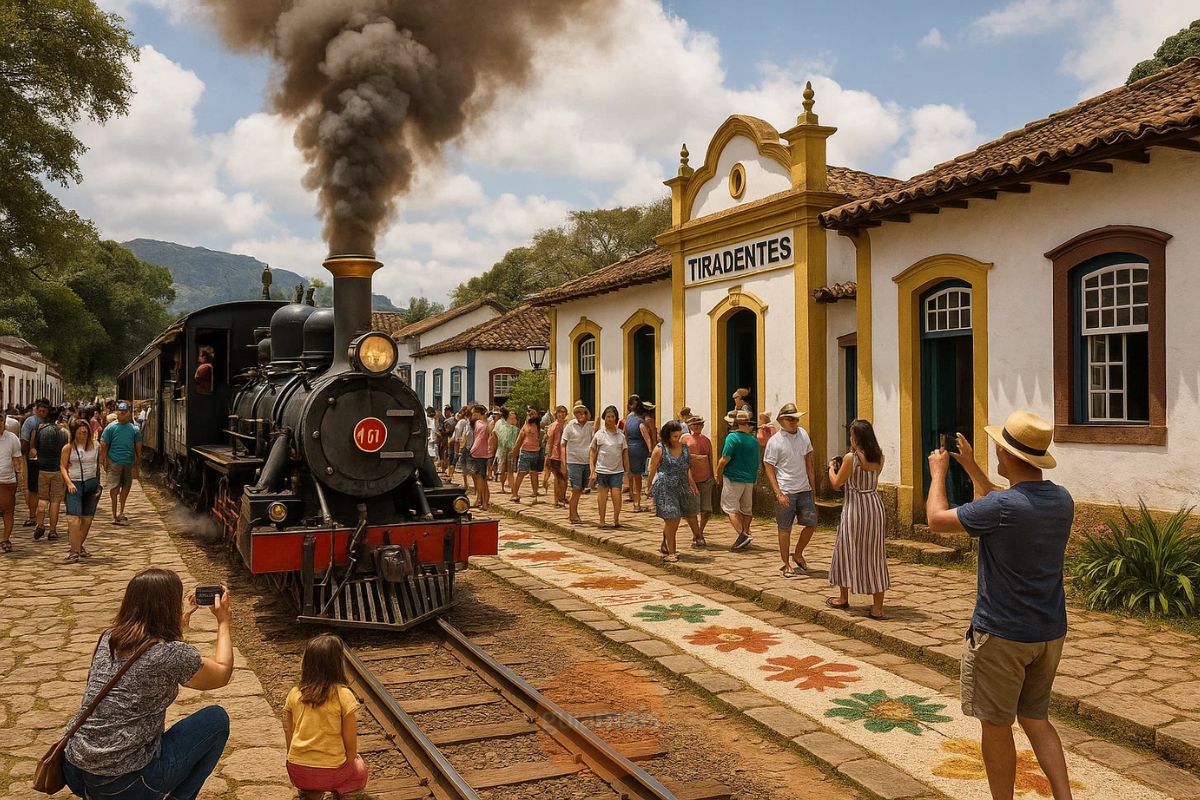 Uma Maria Fumaça em cima de trilhos na Cidade do interior de MG, ao redor as pessoas comemoram o feriado de Corpus Christi