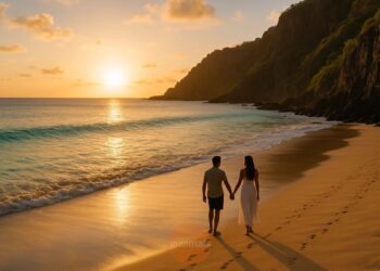 Um casal caminha na orla da praia de uma ilha