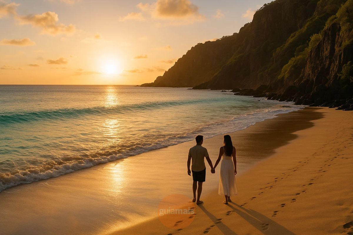 Um casal caminha na orla da praia de uma ilha
