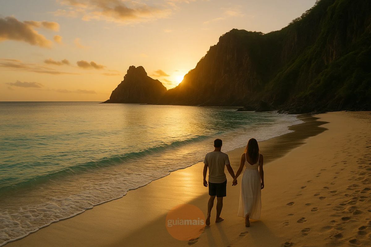 Um casal caminha na orla da praia de uma ilha